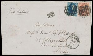 1863 N° 15 en 16, op brieffragment (volledige voorkant), afgestempeld P.45-Gand (8-balken), dd. 19 april 1863 naar Londen, eerste week van uitgifte (11 april 1863), 