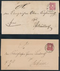 N° 32 en 33 (Yv.), op 5 brieven, afstempeling Hamburg, Biebrich, Jüterbog, Hannover en Verden, zm