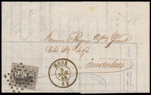 1865 N° 14B, plaat III, positie 202, brief (zonder opdruk) van Pt. 252-Mons, dd. 8 november 1865 naar d'Anderles, Ex. Vertommen, liefhebbers prijs, zm
