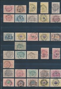 1881/1914 Samenstelling 277 zegels met zeshoekstempels (telegraaf) en Bruxelles spoorwegstempels op insteekbladen, zm/m