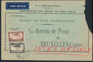 1937 PA 7 and PA 10 “50c. green” and “3fr. reddish-brown” airmail stamps on an envelope (damaged) for an international money order, franked on 1/15/37 to Brussels; since the item was postage-free, only the airmail fee was paid, i.e., “3.50fr.” for 5gr. (rate valid through March 31, 1937); on the reverse, “BRUXELLES 1A/20 I 1937”; rare item, very good condition, very fine/to be checked