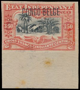 N° 47 PT ‘3.50 fr. vermilion’ from the Princes’ printing with an overprint ‘CONGO BELGE’, stamp genuinely imperforated on at least three sides and trimmed on the fourth side, Luc Vander Marcken certificate, position 46, b (OBP €460)