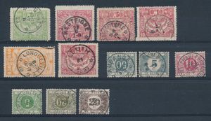 6 spoorwegzegels en 6 strafportzegels, met betere stempels, o.a. relaisstempels Graty, Resteigne, Villers-le-Temple, Oosterlo, Longueville, Leuth, Aubange, Meerle, zm