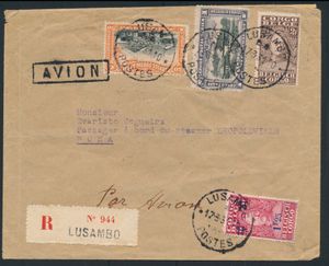 1931 N° 144 and 163 “Stanley” and PA 1 and 2 on a registered letter sent from Lusambo on March 17, 1931, to a passenger aboard the “Léopoldville” in Boma, rare domestic mail, very fine