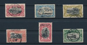 No. 49PT, 43 PT, 45 PT, 47 PT, 48 PT, and 49 PT “10c. carmine,” “25c. blue,” “50c. olive,” “3.50fr. vermilion,” “5fr. carmine,” and “10fr. green” from the 