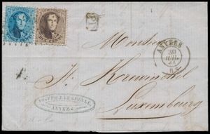 1864 N° 14A en N° 15, beide op brief met inhoud, afstempeling Pt.12-Antwerpen, dd. 30 juni 1864, naar Luxembourg (Luxemburg), 