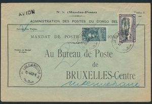 1937 N° 147 “5fr. green Stanley” and PA 2 “1fr. purple” airmail on a cover for an international postal money order sent from Luluabourg on April 23, 1937, to Brussels; since the item was postage-free, the only airmail fee of “6fr.” was paid (charge effective April 1, 1937: “3fr.” per 5fr.), rare item, very fine 