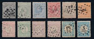 Nederlandse stempels, 12 zegels met puntstempels w.o. 214, zm/m