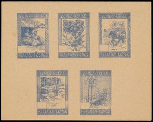 +/-1930 Group proof in blue on cream-colored cardstock of five unadopted stamp designs for the Belgian Congo, artist unknown, rare, fine