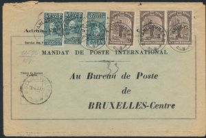 1937 N° 147 (3x) “5fr. green Stanley,” and N° 183 (3x) “20fr. sepia” featuring indigenous scenes on a cover for an international postal money order sent from Stanleyville on 4/20/37 to Brussels; since the mailing was postage-free, only the airmail fee of “75fr.” was paid by handwritten notation: 125gr./25p. (charge effective April 1, 1937: “3fr.” per 5gr.), rare item, very fine/fine