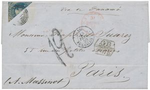 Chili : 1859, brief van Santiago naar Paris via Panama en GB, gefrankeerd met (Mi) N° 2-II (diagonale halvering) zeldzaam op Trans-Atlantische brief, zm.