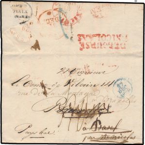 1829 Voorloper met inhoud, vanuit Paris (Frankrijk), dd. 27 december 1829, naar Monsieur Le Comte de Viliain, naar Bruxelles, met aankomststempel van 29 december 1829, brief werd doorgestuurd naar Basel (par St. Nicolas), op keerzijde meerdere poststempels, zoals 