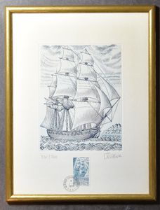 1985/1995, 4 engravures d'artiste with illustration stamp, theme ships with signature and info, numbers issued 1200 and 1500, each in gilt frame, vf