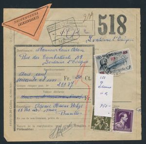 1948 Transport division destination Fontaine L' Eveque, avec affranchissement inhabituel N° 688 et N° 693 en combi avec TR 299 sur pws avec règlement COD, tb/à voir