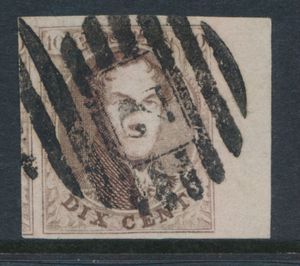 N° 10A '10 cent. brown' fully margined (with margin) rep. P.2 Alost (8 bars), vf.