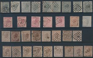 Nos 17 (7 ex. et 1 paire), 18 (1 ex. 18 barres), 19 (17 ex.), 20 (6 ex.), joli matériel de curiosités, quelques cachets et nuances de couleurs (notamment pour le Nos 19), tb.