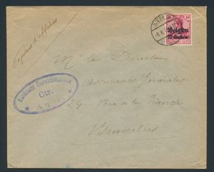 1915 OC 3 op omslag van Ath 6.8.15 naar Brussel met censuur 