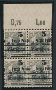 N° 14 '1918 Germania 5 op 2 1/2 Pf, verschoven opdruk' (Blok van 4), zm.