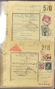 1949/1964, 87 postcolli documenten, alle met gewone zegels als bijfrankering (Poortman, Export, Boudewijn bril, Expres, rembours), zm/m.