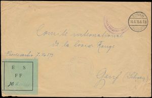 1915 Omslag in Feldpost van Thuin (Belgien) naar het Rode Kruis in Génève met groene label 