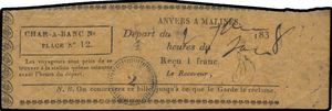 1838 Treinticket van de lijn Anvers-Malines, dd. 2 juni 1838, ondertekend door de ontvanger die een stempel 