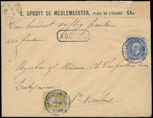1880 N° 31 en 32, waardebrief (omslag), vanuit Gand(St Sauveur), dd. 25 november 1880 naar St.-Nicolaes (aankomststempel Gand station) en Gand, beiden in blauw en St. Nicolas dd. 26 november 1880), manuscript 