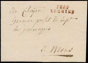 1802 Voorloper met inhoud, vanuit Enghien, dd. 22 december 1802, Herlant 12, cotering moeilijk in Herlant, naar Mons, port 3 decimen op de keerzijde, zm