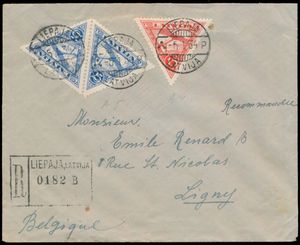 1934 PA 3 (verso), 4 en 5 (2x) op aangetekende brief van DC Liepaja 5-1-1934 naar Ligny, zm