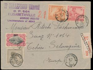 1925 Registered letter franked with N° 98, 108, 111 and 113 sent to Czechoslovakia, nice franking and good destination, vf