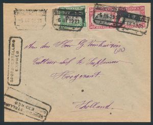 1921 TR 143 en 144 (2x) op brief van Wichelen (SP stempels) en expres 1921 naar Hoogezant, Nederland, zm