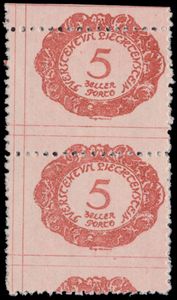 Strafport N° 1 '1920 5h rot' (Paar) mit spektakulärer Fehlzähnung, selten als Paar, mit Zertifikat, einwandfrei.