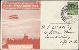 1911 'First U.K. Aerial Post - London to Windsor September 12th, 1911' geïllustreerde postkaart verstuurd naar Inverkeithing, Fife, Schotland en gefrankeerd met n° 322 (S.G.) '1/2d green Downey Head' met speciale stempel uit Londen speciaal voor deze gelegenheid, zeer mooi en zeldzaam!, zeer vroege luchtpost, zm