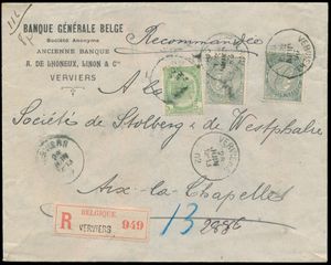 1902 N° 56 en 63 (2x) op aangetekende omslag, vanuit Verviers, dd. 28 juni 02, naar Aix-La-Chapelle (Duitsland), manuscript 