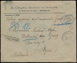 1923 N° 202 en 212 op waardebrief, vanuit Bruxelles, dd. 21 III 1923, voor 