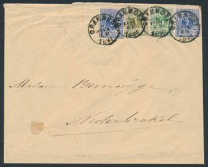 1891 N° 27 (2x), 42 en 45 op briefomslag, vanuit Grammont, dd. 9 februari 1891, naar Nederbrakel (mooie ontvangststempel), gemengde emissie op brief, zm (OBP ++€140)