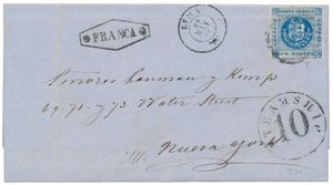 Peru : 1861, brief van Lima per steamer naar New York gefrankeerd met (Mi) N° 6 '1 Dinero blauw', zm.