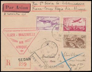 1938 N° 315 + PA 7 + PA 11 (Yv.), on registered letter envelope 