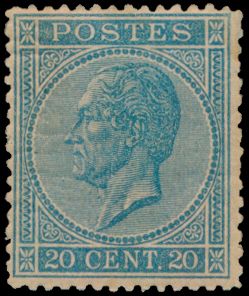 N° 18 '20 cent. blauw, tanding 14 1/2x14' zeer frisse zegel ondanks miniem bruin puntje, met fotocertificaat, zm/m (OBP € 1.270)