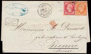 1863/1869 Samenstelling van 10 brieven gefrankeerd met diverse combinatie van Napoleon III getande uitgifte en verstuurd naar Zwitserland (Bienne, Couvet en Bâle), zm 