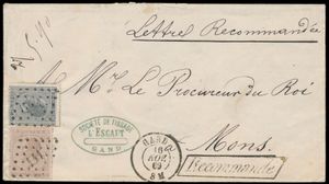 1869 Nos 17 et 19 sur envoi recommandé, en parallélogramme noir 