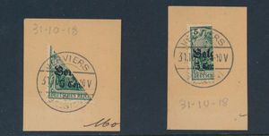 OC 2 (2x) Schräg- und Halbschnitt mit Abstempelung Verviers-31. Oktober 1918, wenige Tage vor Kriegsende, einwandfrei