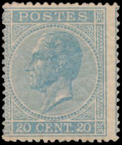 N° 18Aa '20 cent.hemelsblauw, tanding 15' met fotocertificaat, zm/m (OBP € 1.100)