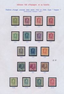 1922/1927 Verzameling Alfonso XIII en zijn familie op bladen, w.o. reeks van 1922/30 (zonder de 25 blauw) met certificaat voor 