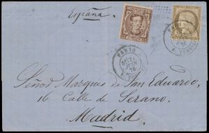 1876 Brief van Parijs naar Madrid met mengfrankering van Franse en Spaanse zegel, brief verticaal geplooid (niet door zegels), uiterst zeldzaam, zm 