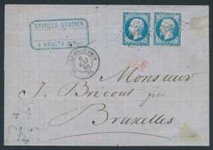 1859 Ambt. Du Midi N° 2, brief met halve inhoud, vanuit Soultz-Haut-Rhin, met Franse zegel Yv. n° 14A (2x), puntstempel 2936, dd. 6 mei 1859, naar Bruxelles, (halve) inhoud van de brief is geschreven vanuit Bruxelles op 8 mei (waarschijnlijk het antwoord), meerdere stempels op keerzijde, waaronder een prachtige ambulante stempel van 