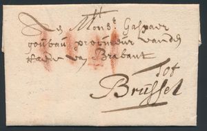 1675 Voorloper met inhoud, vanuit Antwerpen, dd. maart 1675, naar Brussel, met port 4 stuiver - rode krijtstrepen, zm