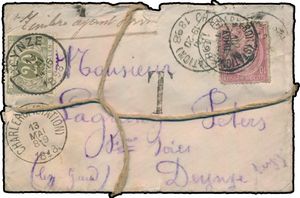 1889 n° 46, dépêche de Charleroi, oblitérée Charleroi (Gare), datée du 12 mai 1889, à destination de Deynze. Manuscrit du facteur à l'arrivée 