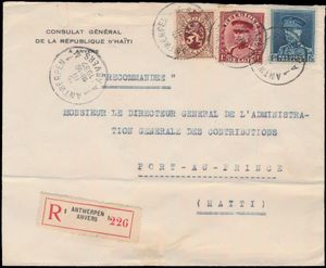 1932 N° 288A, 317 en 320, een aangetekende zending op een consulaat omslag (Consulat général de la république D'Haïti), verstuurd vanuit België, afstempeling 