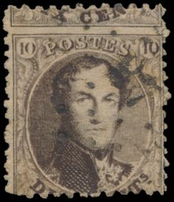 N° 14-Cu '10 cent. bruin- curiositeit : zeer sterk verschoven tanding (met groot deel van andere zegel), zm.