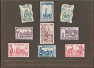 1913 Wereldtentoonstelling Gent, 9 vignetten op reclamekaarten, prachtig, zm 